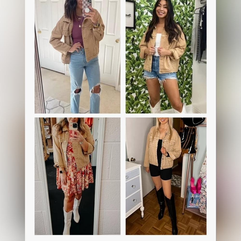 NWT Dressy Rivet Studded Tan Cropped Jean Jacket  Western Distressed - Picture 6 of 9